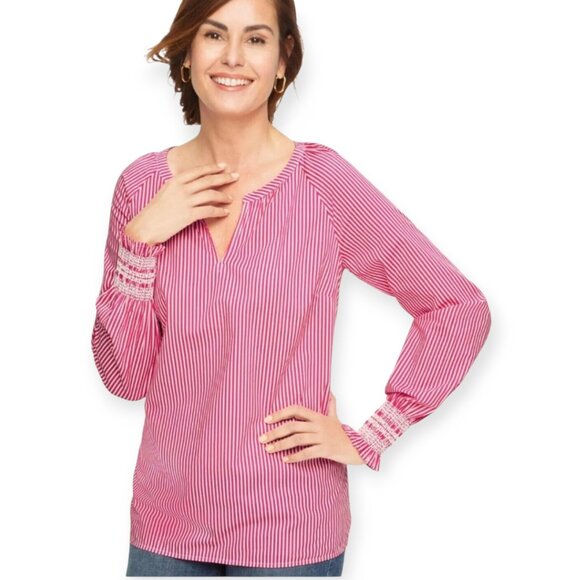 Talbots Pink Butterfly Striped Raglan Popover Top Medium Petite - Picture 1 of 8